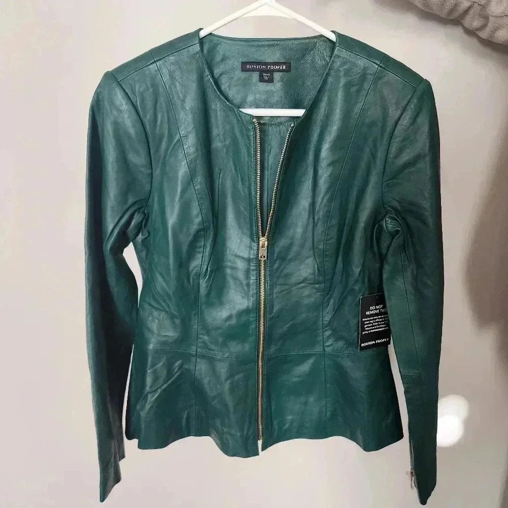 NWOT Women's Medium Boston Proper Peplum Leather Jacket In Emerald Green